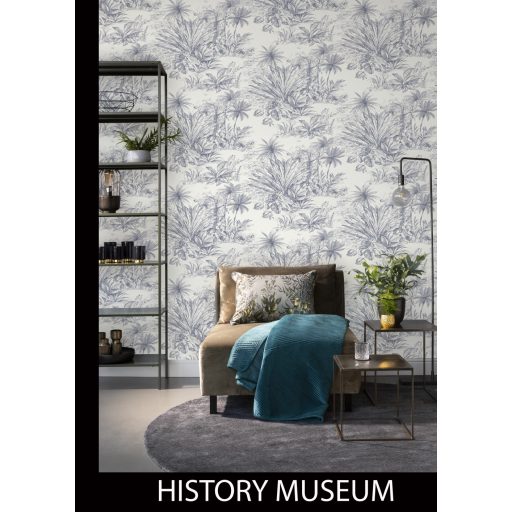 Egzotikus pálmák és trópusi növények vázlatos grafikus mintája textil háttéren krémfehér és kék tónus tapéta