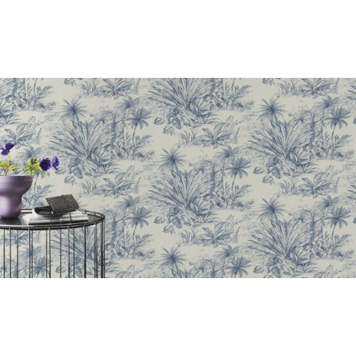 Egzotikus pálmák és trópusi növények vázlatos grafikus mintája textil háttéren krémfehér és kék tónus tapéta