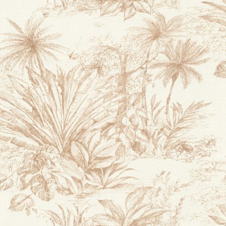 Egzotikus pálmák és trópusi növények vázlatos grafikus mintája textil háttéren krémfehér és bézs tónus tapéta