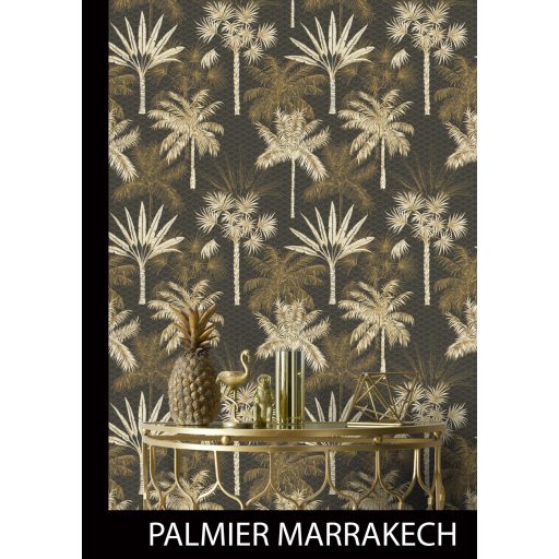 WOW! Filigrán pálmák rajza art deco háttéren fekete fehér és arany tónus tapéta