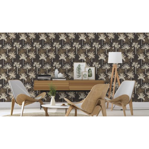 WOW! Filigrán pálmák rajza art deco háttéren fekete fehér és arany tónus tapéta