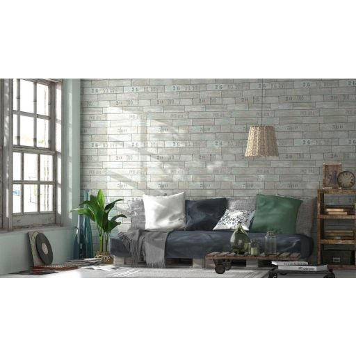 Erismann Fashion Wood 6914-08 Natur faminta számozott dobozok szürke türkiz szürkészöld tapéta