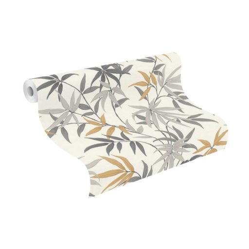 Meghitt hangulat - Falra kapaszkodó bambuszlevelek krémfehér zöld szürke és aranysárga tónus tapéta