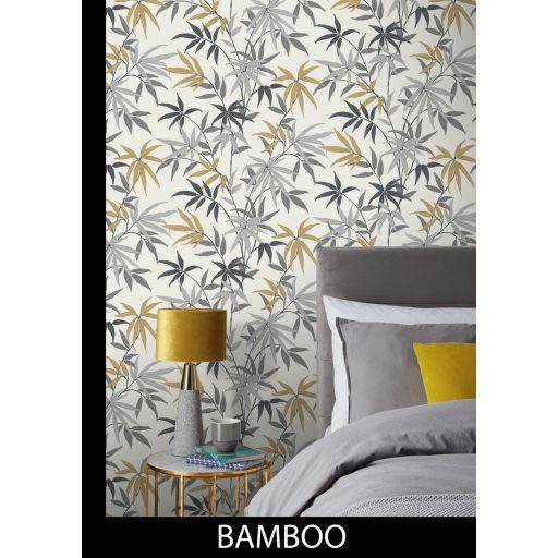 Meghitt hangulat - Falra kapaszkodó bambuszlevelek krémfehér zöld szürke és aranysárga tónus tapéta