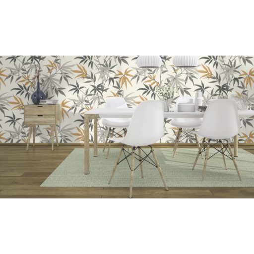 Meghitt hangulat - Falra kapaszkodó bambuszlevelek krémfehér zöld szürke és aranysárga tónus tapéta