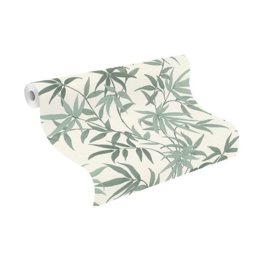 Meghitt hangulat - Falra kapaszkodó bambuszlevelek krémfehér menta és zsályazöld tónus tapéta