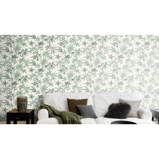 Meghitt hangulat - Falra kapaszkodó bambuszlevelek krémfehér menta és zsályazöld tónus tapéta