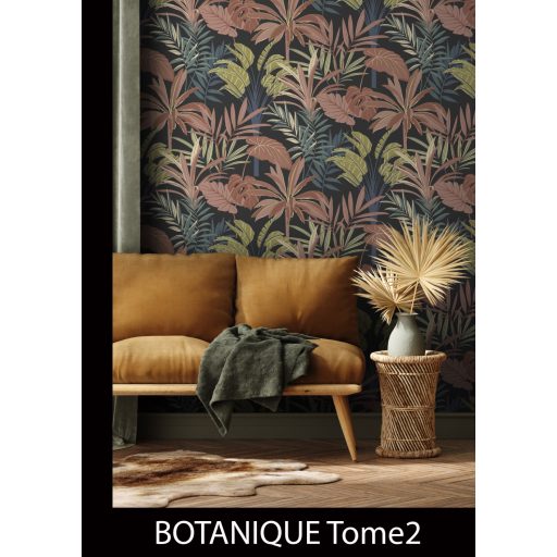 Mesés kontraszt - Egzotikus levélmotívumok burjánzanak a falon fekete petrol korall krém tintakék és zöldessárga tónus tapéta