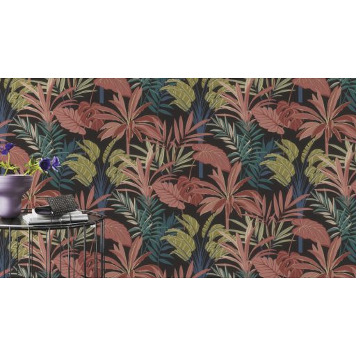 Mesés kontraszt - Egzotikus levélmotívumok burjánzanak a falon fekete petrol korall krém tintakék és zöldessárga tónus tapéta