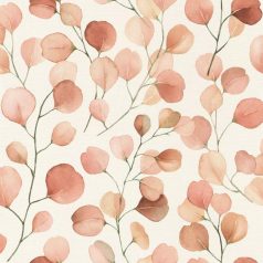   Könnyed és légies eukaliptuszlevelek terülnek szét a falon textil háttér krém zöld rózsaszín és vörös tónusok tapéta