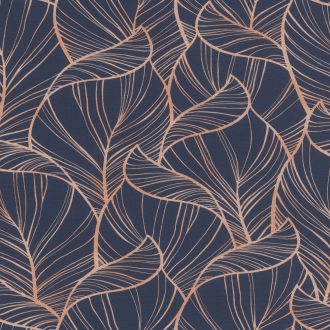   Túlméretezett grafikus levélzet/lombozat minta textil háttéren éjkék és bronzszín tónus fémes csillogású mintarajzolat tapéta