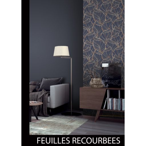 Túlméretezett grafikus levélzet/lombozat minta textil háttéren éjkék és bronzszín tónus fémes csillogású mintarajzolat tapéta