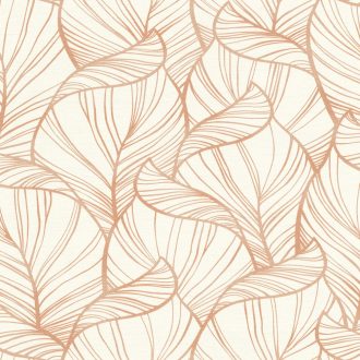   Túlméretezett grafikus levélzet/lombozat minta textil háttéren fehér és bronzszín tónus fémes csillogású mintarajzolat tapéta