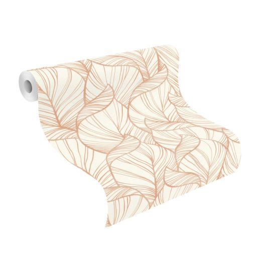 Túlméretezett grafikus levélzet/lombozat minta textil háttéren fehér és bronzszín tónus fémes csillogású mintarajzolat tapéta