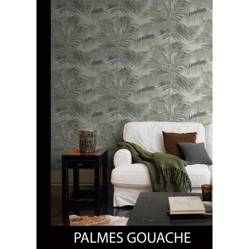 Egzotikus pálmalavelek pompáznak a falon fehér és zöld árnyalatok tapéta