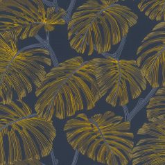  Vázlatos túlméretezett levelek textil háttéren éjkék aranysárgsa és kék tónus tapéta