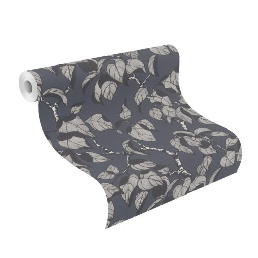 Kecses megjelenésű fal mentén növekvő levélágak sötétszürke/kékesszürke fekete és fehér tónus tapéta