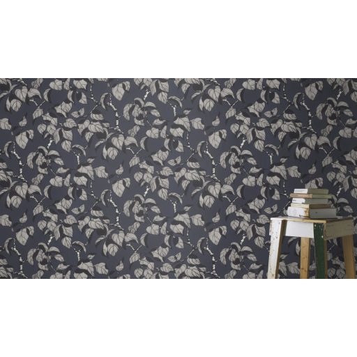 Kecses megjelenésű fal mentén növekvő levélágak sötétszürke/kékesszürke fekete és fehér tónus tapéta