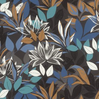   Stílusos sűrű lombozat textil háttéren antracit galamb és ragyogó kék aranybarna türkizkék és fekete tónus tapéta