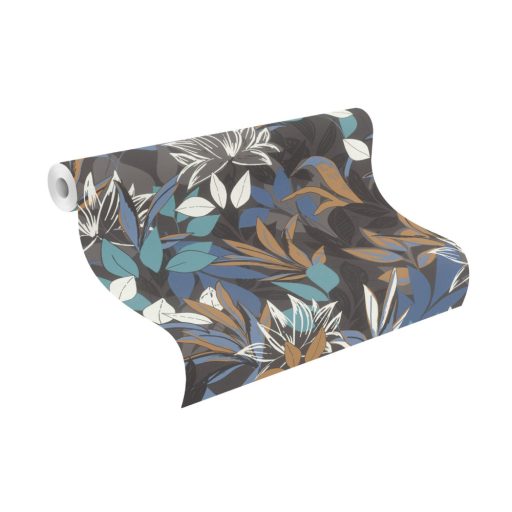 Stílusos sűrű lombozat textil háttéren antracit galamb és ragyogó kék aranybarna türkizkék és fekete tónus tapéta