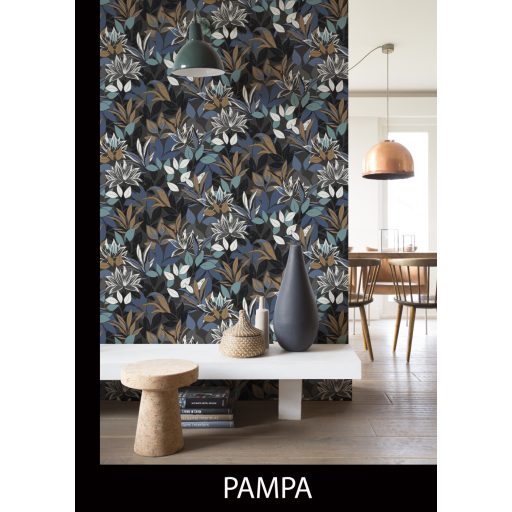 Stílusos sűrű lombozat textil háttéren antracit galamb és ragyogó kék aranybarna türkizkék és fekete tónus tapéta