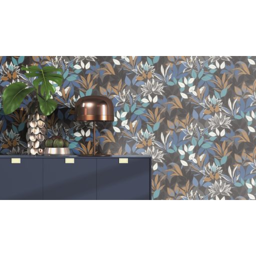 Stílusos sűrű lombozat textil háttéren antracit galamb és ragyogó kék aranybarna türkizkék és fekete tónus tapéta