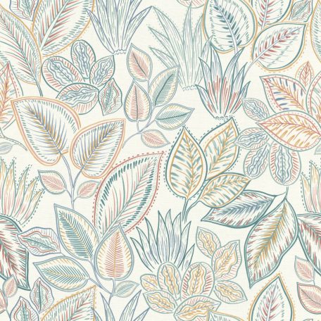 Fantáziadús levelek stílusos és élénk kollázsa textil háttéren krémfehér okker korall menta petrol és farmerkék tónus tapéta