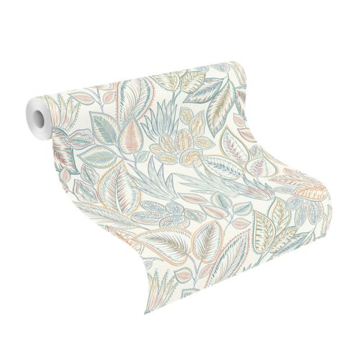 Fantáziadús levelek stílusos és élénk kollázsa textil háttéren krémfehér okker korall menta petrol és farmerkék tónus tapéta