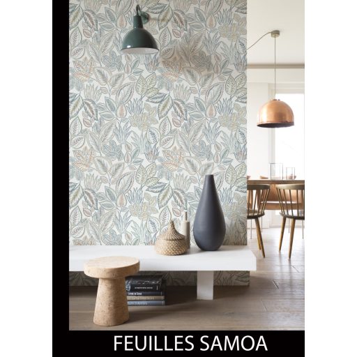 Fantáziadús levelek stílusos és élénk kollázsa textil háttéren krémfehér okker korall menta petrol és farmerkék tónus tapéta