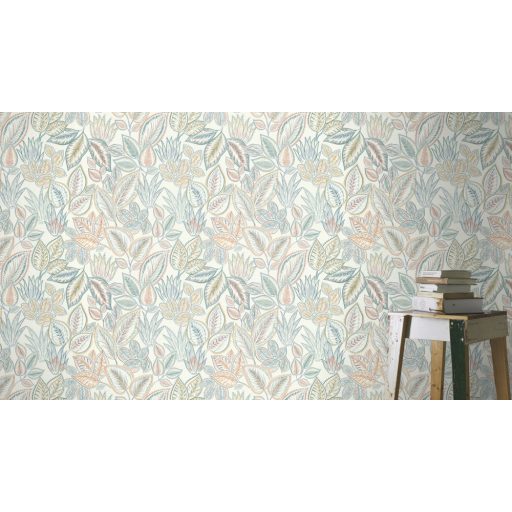 Fantáziadús levelek stílusos és élénk kollázsa textil háttéren krémfehér okker korall menta petrol és farmerkék tónus tapéta