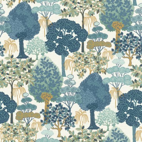 Erdei séta fantáziadúsan megrajzolt fák között textil háttéren krémfehér kék mentazöld és aranysárga tónus tapéta
