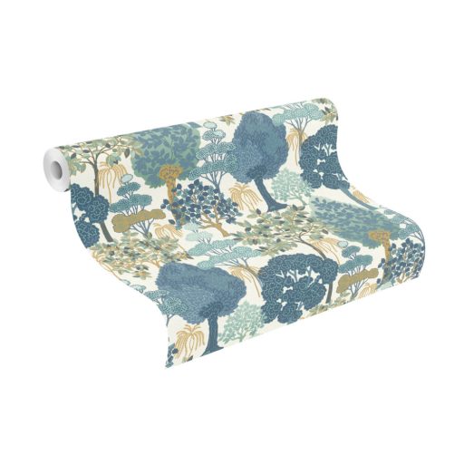 Erdei séta fantáziadúsan megrajzolt fák között textil háttéren krémfehér kék mentazöld és aranysárga tónus tapéta