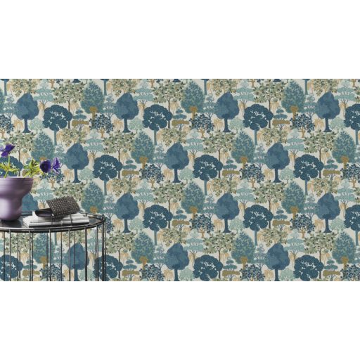 Erdei séta fantáziadúsan megrajzolt fák között textil háttéren krémfehér kék mentazöld és aranysárga tónus tapéta