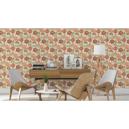 Erdei séta fantáziadúsan megrajzolt fák között textil háttéren krémfehér piros zöld és aranysárga tónus tapéta