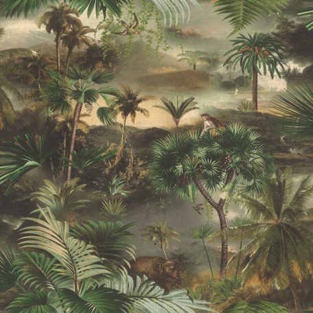 Fantasy dzsungel életkép - felszálló ködben megnyíló trópusi panoráma zöld és barna árnyalatok tapéta