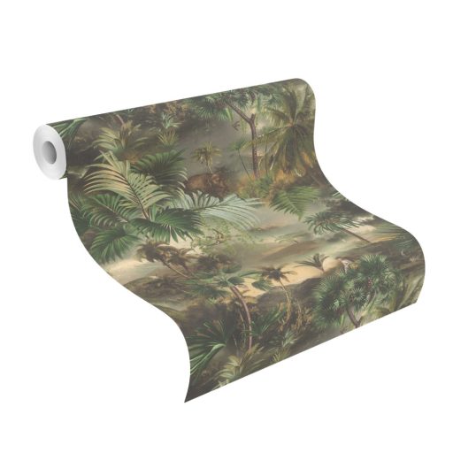 Fantasy dzsungel életkép - felszálló ködben megnyíló trópusi panoráma zöld és barna árnyalatok tapéta