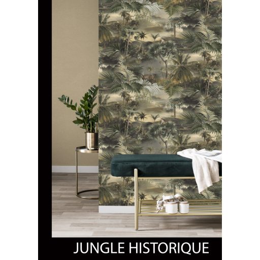 Fantasy dzsungel életkép - felszálló ködben megnyíló trópusi panoráma zöld és barna árnyalatok tapéta