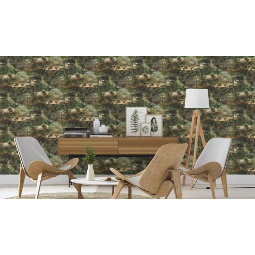 Fantasy dzsungel életkép - felszálló ködben megnyíló trópusi panoráma zöld és barna árnyalatok tapéta