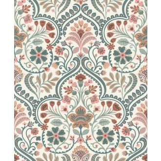   Keleties/népies mesébe illő grafikus levél és virágmintázat krémfehér rózsszín zöld bézs és barna tónusok tapéta