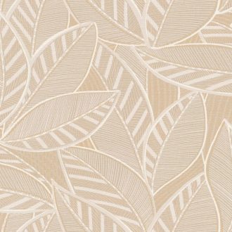   Szemet gyönyörködtető túlméretezett levelek textil háttéren bézs világosbarna szürkésbézs és krémfehér tónusok tapéta