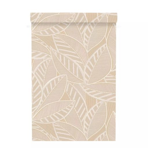 Szemet gyönyörködtető túlméretezett levelek textil háttéren bézs világosbarna szürkésbézs és krémfehér tónusok tapéta