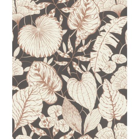 Dekoratív és sikkes nagyformátumú levelek textilstruktúra fekete fehér világosbarna tapéta