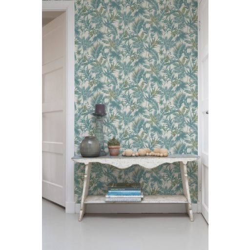 Rasch Kalahari 704112 Natur Botanikus trópusi levelek szövetstruktúra alap fehér zöld zöldeskék finom arany tapéta