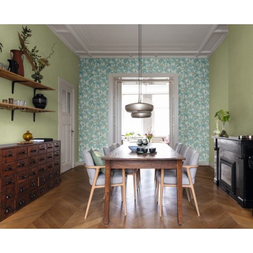 Rasch Kalahari 704112 Natur Botanikus trópusi levelek szövetstruktúra alap fehér zöld zöldeskék finom arany tapéta