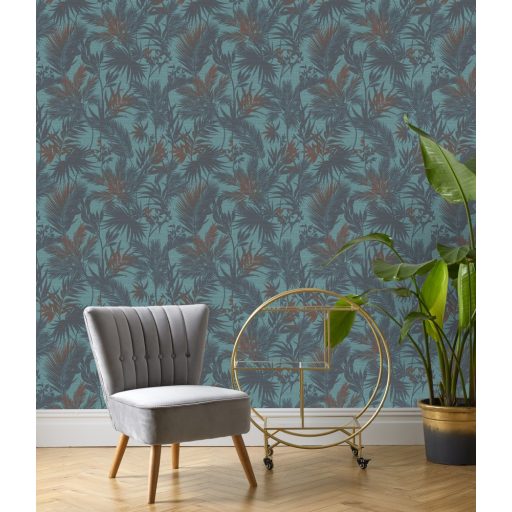 Rasch Kalahari 704143 Natur Botanikus trópusi levelek szövetstruktúra türkiz kék árnyalatok finom bronz tapéta