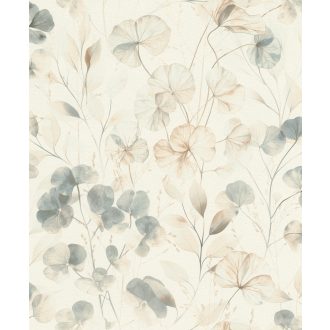   Bohém és romantikus akvarell áttetsző botanikai/virág minta krém/krémfehér pasztell szürkéskék és bézs tónus tapéta