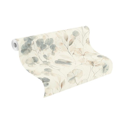 Bohém és romantikus akvarell áttetsző botanikai/virág minta krém/krémfehér pasztell szürkéskék és bézs tónus tapéta