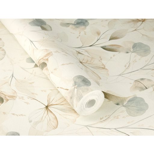 Bohém és romantikus akvarell áttetsző botanikai/virág minta krém/krémfehér pasztell szürkéskék és bézs tónus tapéta
