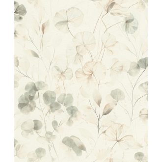   Bohém és romantikus akvarell áttetsző botanikai/virág minta krém/krémfehér zöld/zöldesszürke és bézs tónus tapéta