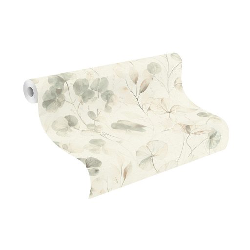 Bohém és romantikus akvarell áttetsző botanikai/virág minta krém/krémfehér zöld/zöldesszürke és bézs tónus tapéta